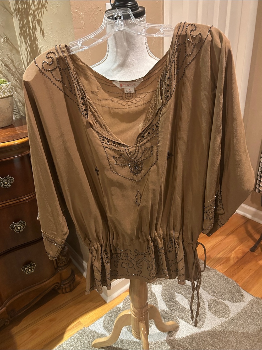 RALPH LAUREN Boho Embellished Brown Peasant Blouse MEDIUM